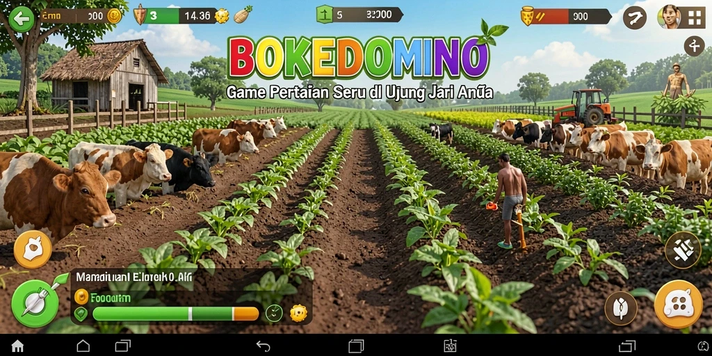 Screenshot gameplay BOKEDOMINO yang menampilkan aktivitas bertani.