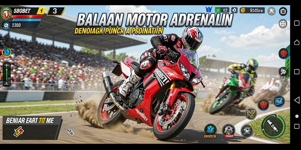 Tampilan gameplay SBOBET menampilkan aksi balapan motor yang seru dan menegangkan.